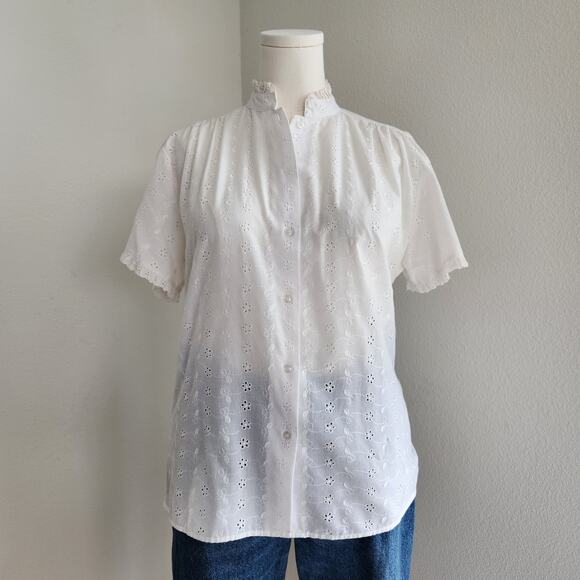 Vintage 80s 90s White Eyelet Ruffle Button Down Blouse Romantic Cottagecore L - Picture 1 of 10